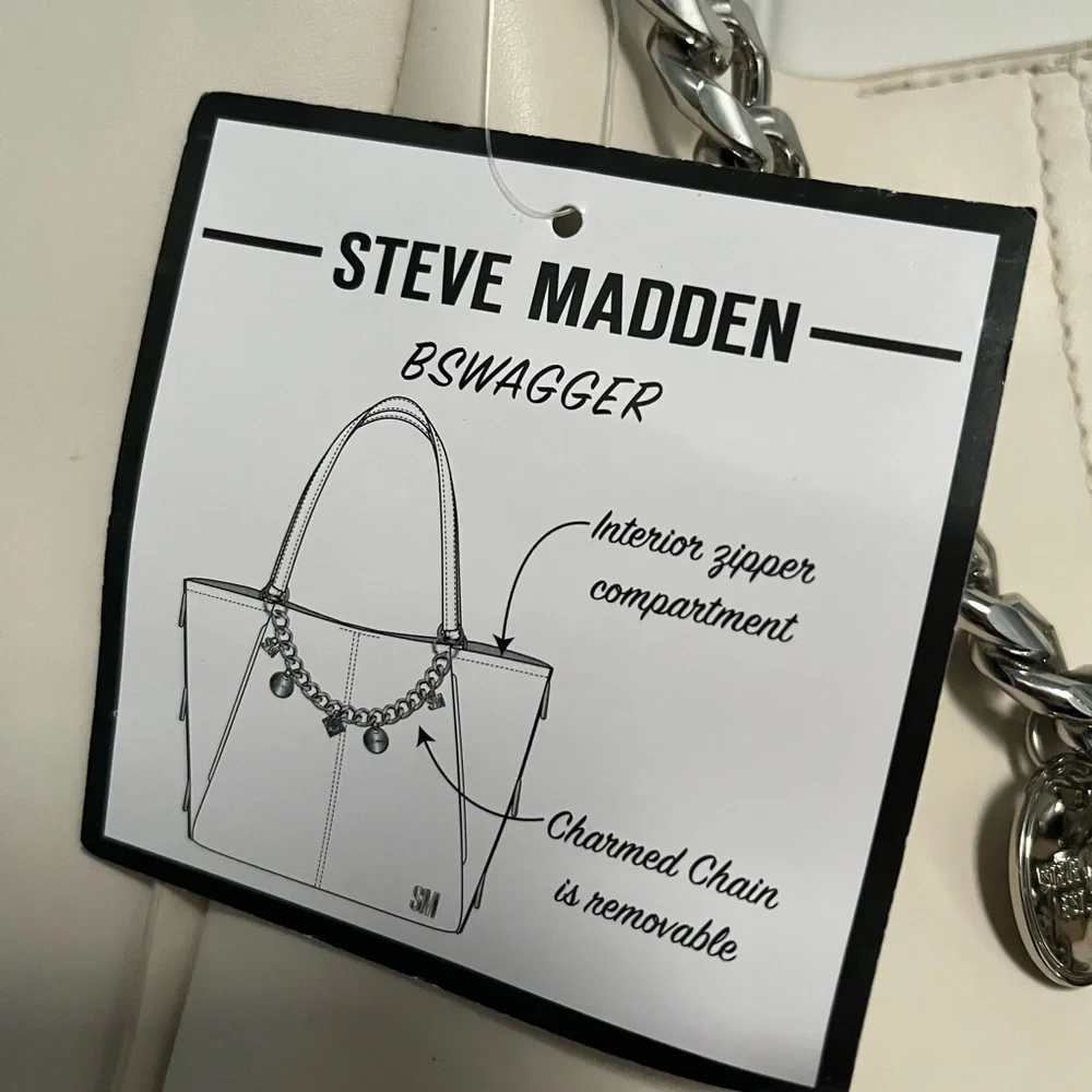 Steve Madden Vanilla Cream B swagger Tote Shoulder Bag Silver Chain Charms NWT - Picture 4 of 15